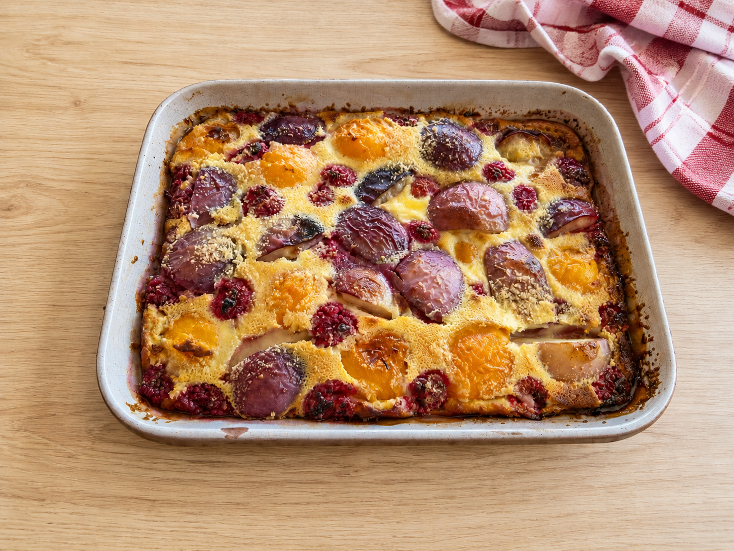 Clafoutis aux pêches, abricots et framboises